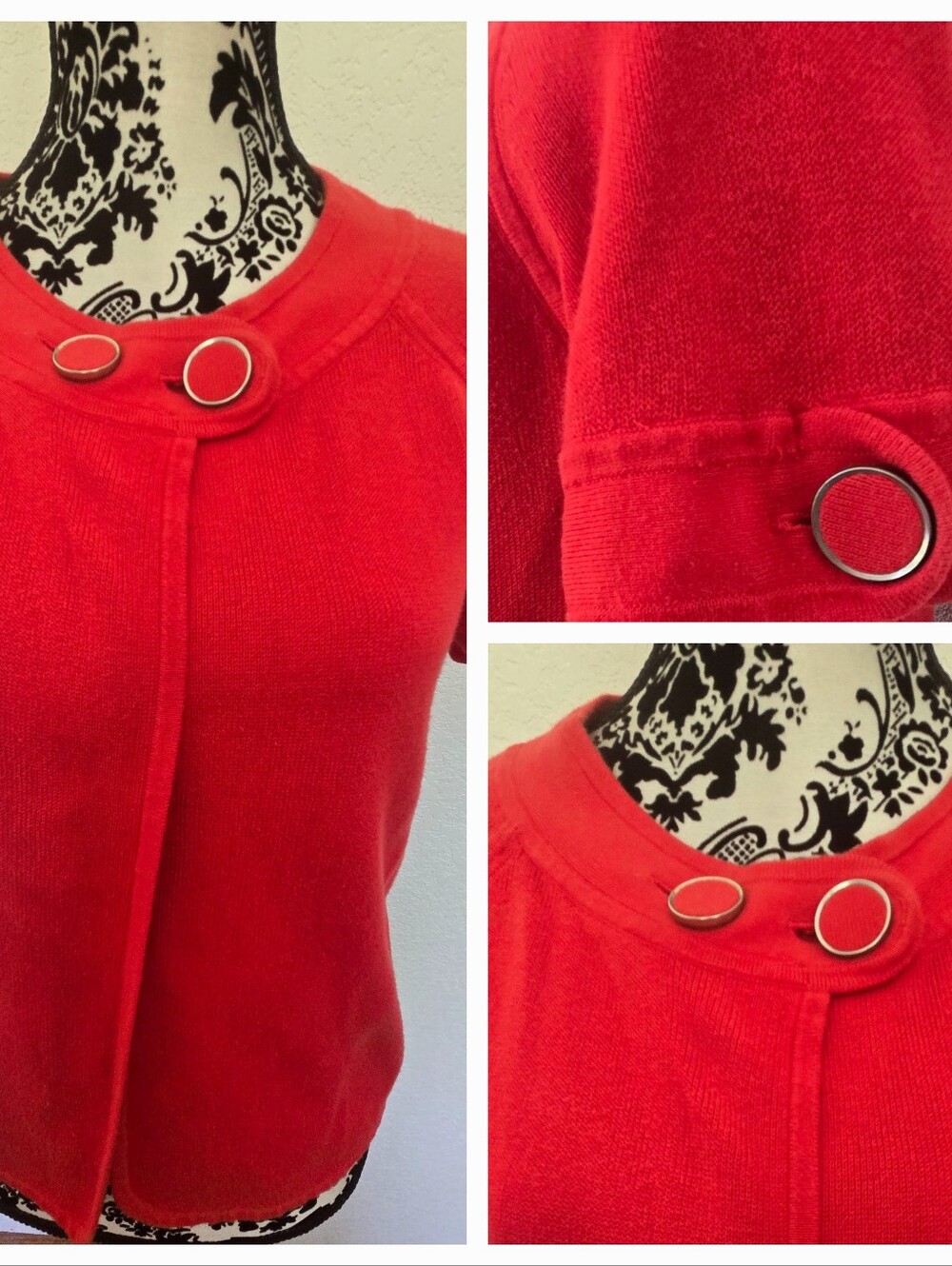 Banana Republic Red Short-Sleeve Knit Top with Decorative Ring Buttons
